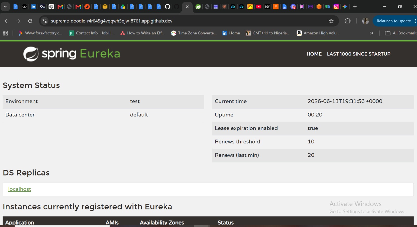 Eureka dashboard showing all services