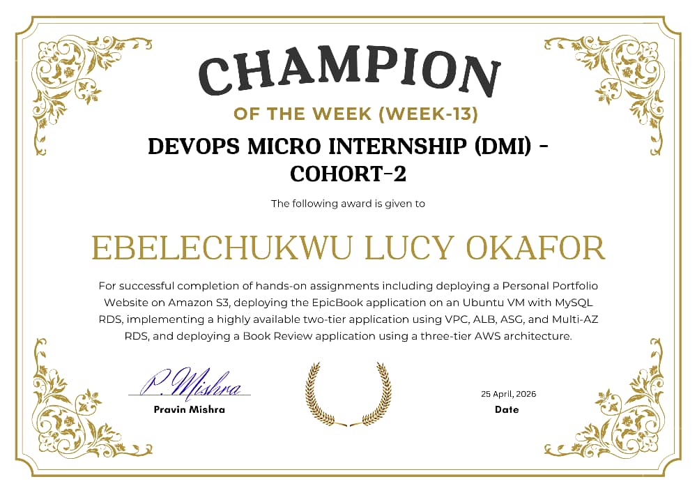 Week 13 Champion Certificate — Ebelechukwu Lucy Okafor